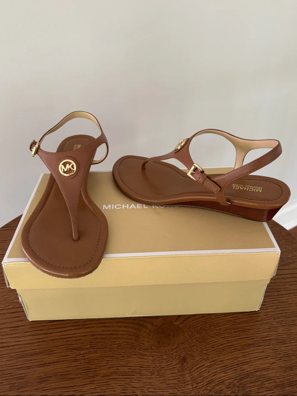 Michael Kors Cognac Leather T-Strap Sandals with Gold MK Accent